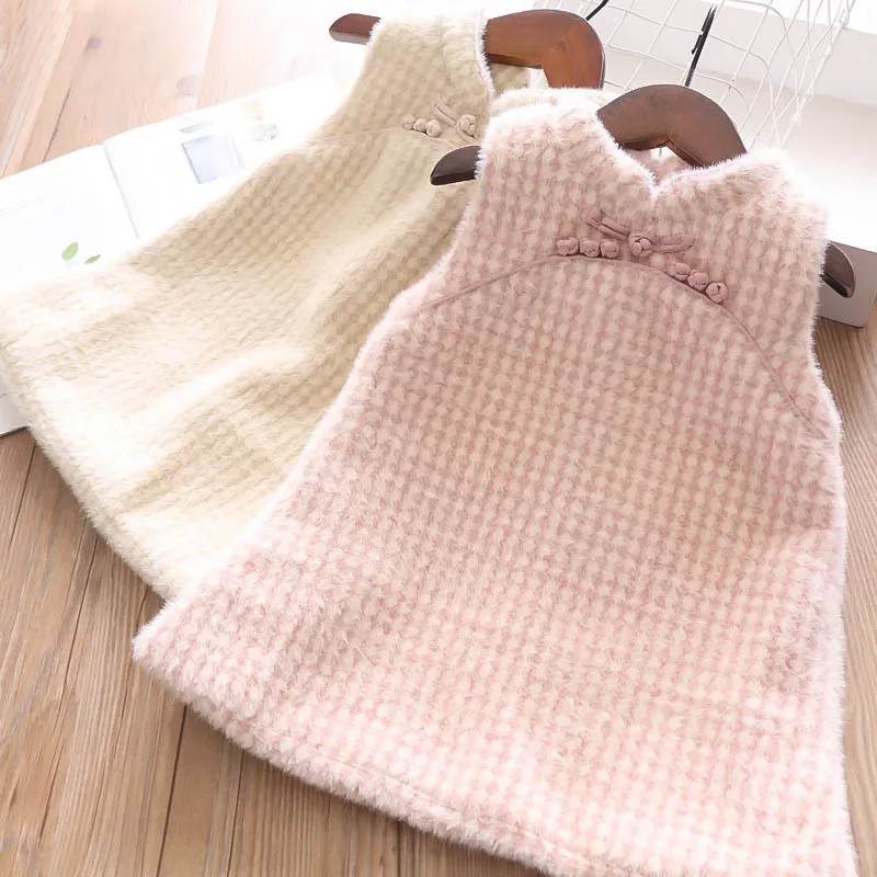 

Autumn and Winter Girls Dress Plaid Imitation Velvet Children's Clothing Wholesale