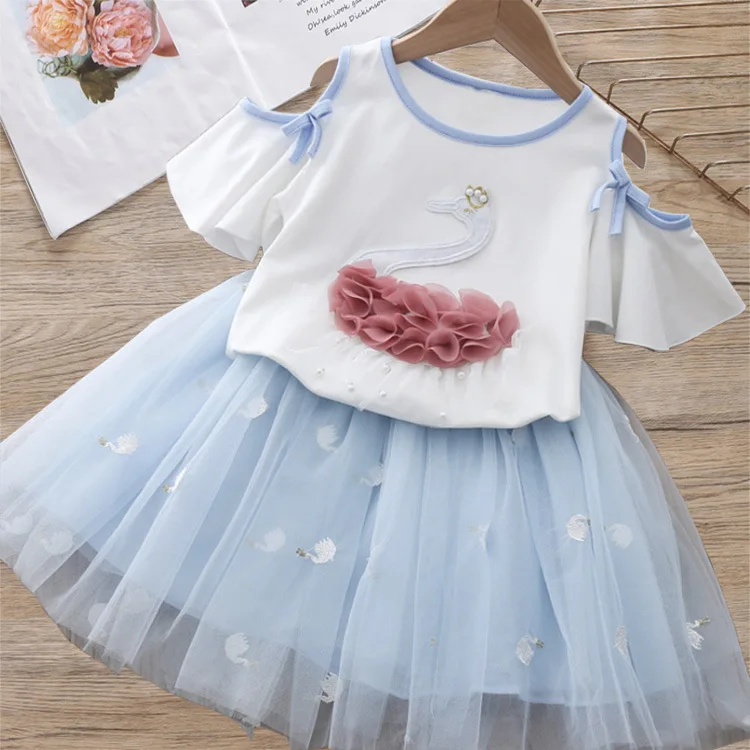 Summer Girls' Clothing Sets Denim Flower Embroidered Lapel Top+Net Yarn Skirt 2PCS Suit Princess Baby Kids Children Clothes kids clothing set girls clothing set