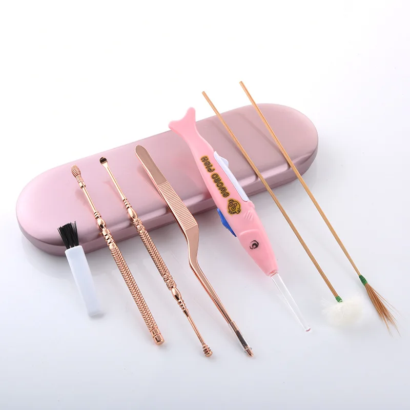 

7pcs/set Flashlight LED Light Ear Cleaner Ear Wax Pickers Spoon Curette Stainless Steel Ear Care Cleaning Tool Earwax Remover
