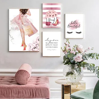 

Vogue Poster Eyelashes Sexy Lips High Heels Art Prints Quotes Canvas Paintings Pink Flowers Wall Picture Fashion Girl Room Decor