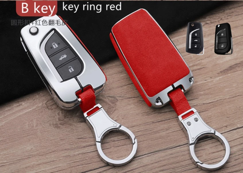B key ring red Ткань замши автомобиля кожаного брелка для ключей держатель чехол для Toyota CHR C-HR Prado Camry Avalon Prius Corolla RAV4 LandCruiser 2/3/4 кнопки - Название цвета: B key ring red