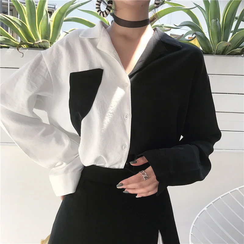 Black Contrast Color Blouse Women Plus Size Patchwork Tops and Blouses Elegant Shirt Korean Shirts Harajuku Long Sleeve Pockets - Color: Black