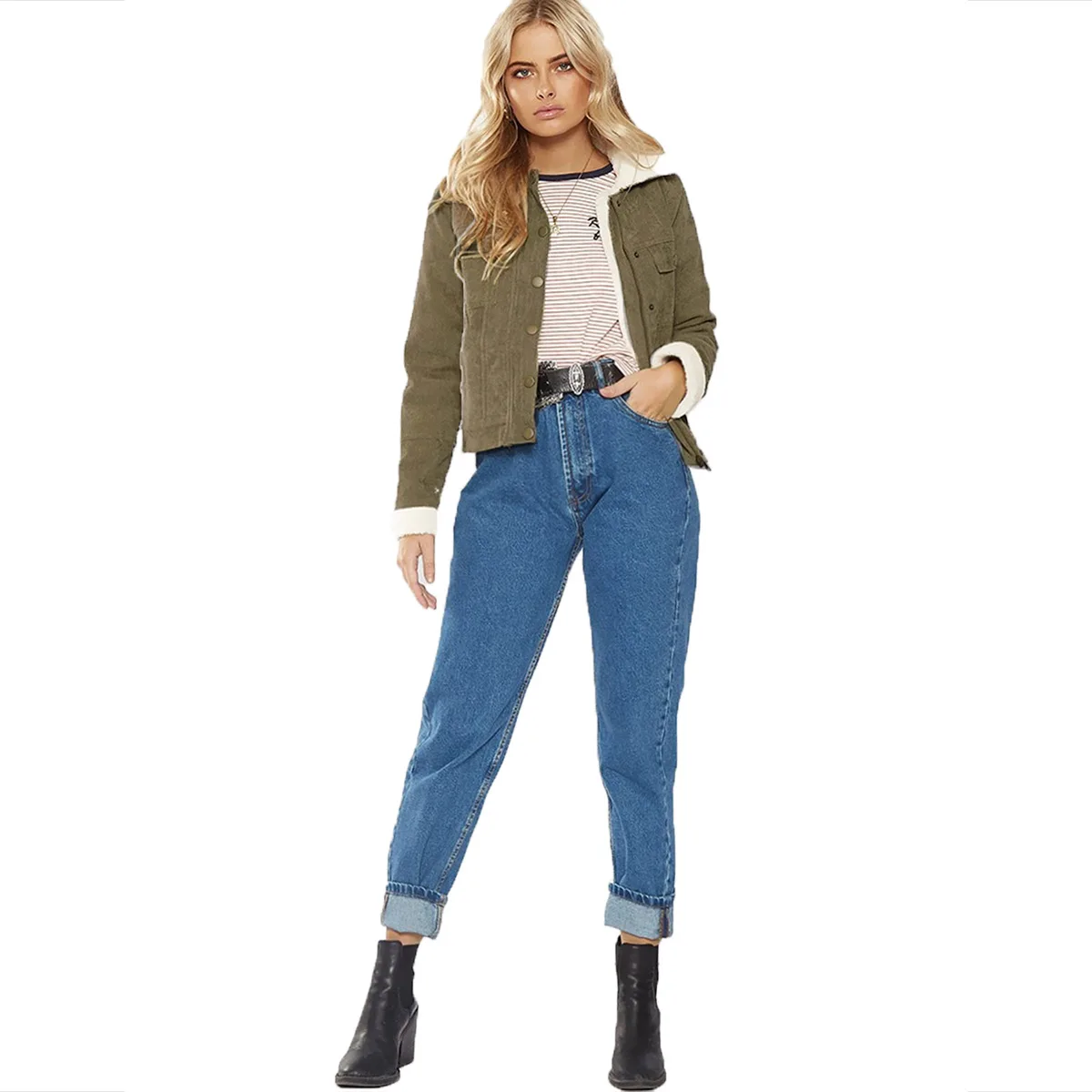 

Europe And America Army Green Corduroy Single Row Metal Button Fold-down Collar Hair Short Zipper Jacket Customizable