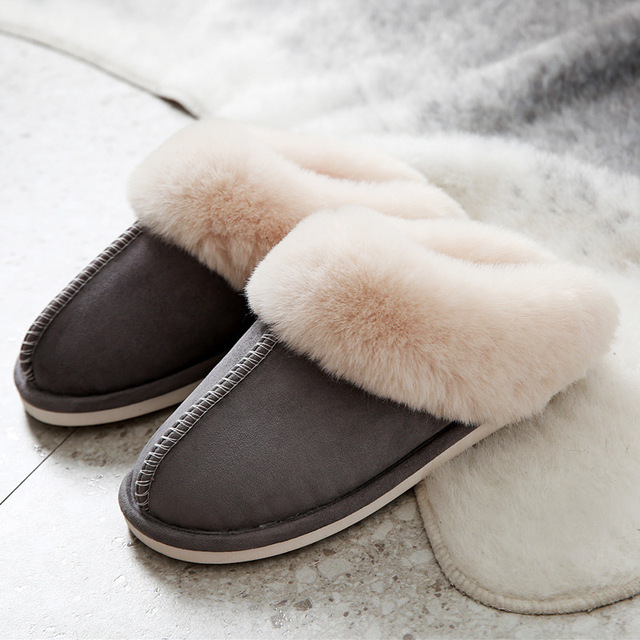 Faux Suede Home Women Full Fur Slippers Winter Warm Plush Bedroom Non-Slip Couples Shoes Indoor Ladies Furry Slippers