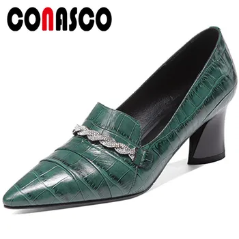 

CONASCO 2020 New Arrival Woman Pumps Genuine Leather Spring Autumn Casual Shallow Rhinestone Pointed Toe Thick Heels Shoes Woman