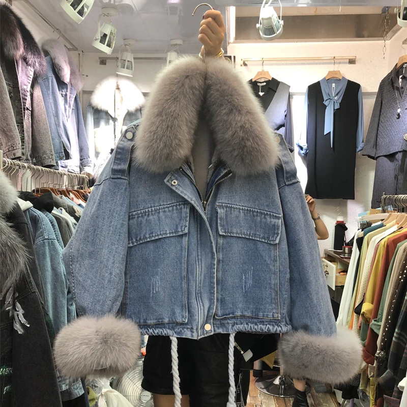 price cut  Real Fox Fur Collar Denim Jacket Women 2019 Winter Coat Loose Fox Fur + Faux Rabbit Fur Liner Detac