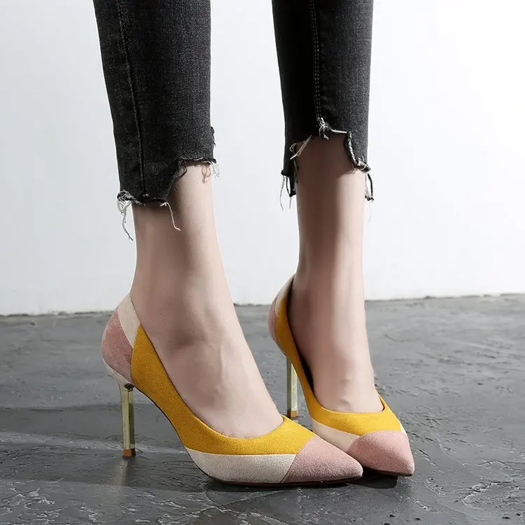 

High Heel Shoes Women's Pointed Toe 2018 New Style Contrast Color Suede Shoes Shallow Mouth Pointed Metal with Sexy WOMEN'S Shoe