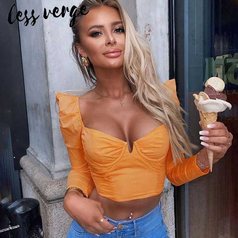 Lessverge, с пышными рукавами, с рюшами, сексуальная блузка, рубашка, женская, осенняя, синяя, укороченная, Повседневная рубашка, женские, элегантные, короткие, вечерние, сорочка, Топ