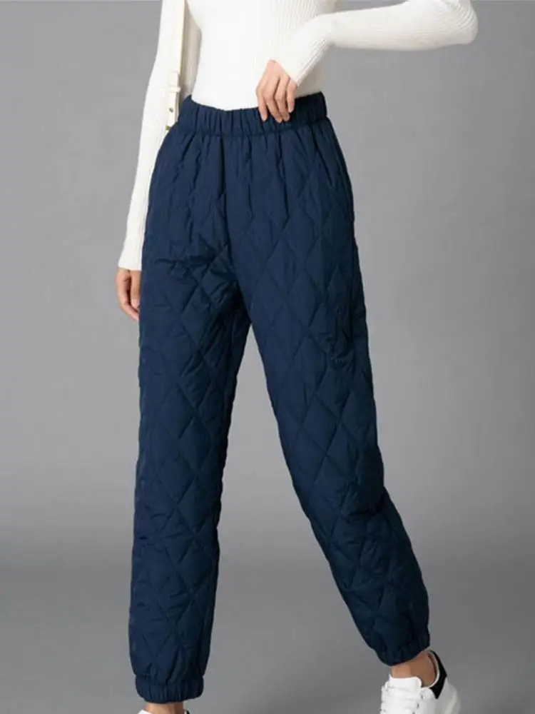 Women Winter Warm Down Cotton Pants Padded Quilted Trousers Elastic Waist Casual Trousers
