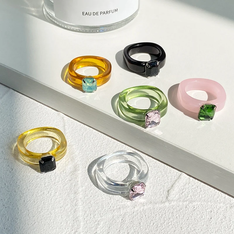 Geometric transparent colored gemstone diamond resin fashion design cute macaron ring