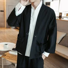 Хлопковый пиджак, белье, улучшенное, ханьфу, мужское японское кимоно, двубортный кардиган, короткое Свободное пальто, Taichi размера плюс, с поясом