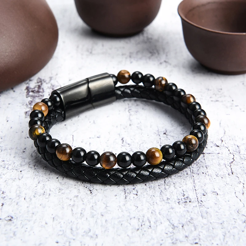 Модные черные мужские ювелирные изделия из натурального камня кожаный браслет