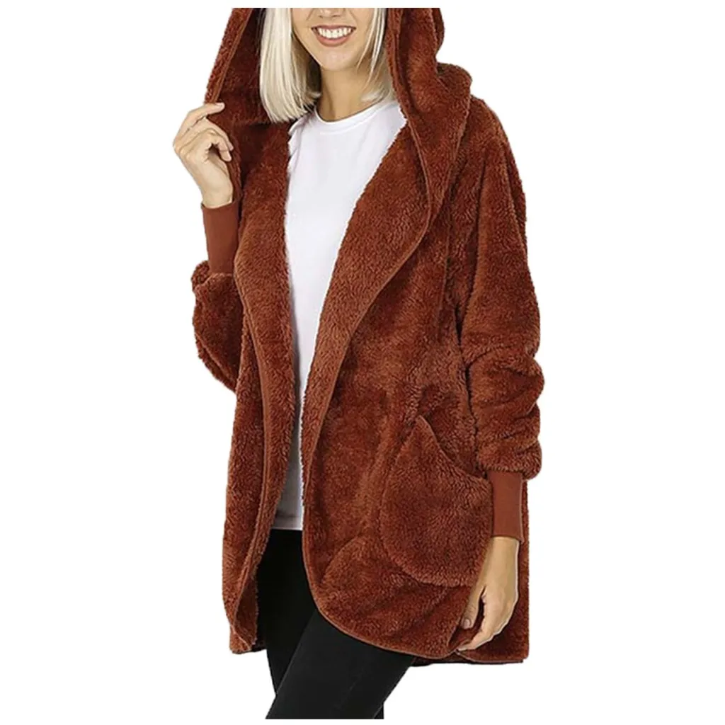 Пальто Женская Повседневная куртка зимняя теплая плюшевая толстовка с длинными рукавами однотонная Длинная Верхняя одежда с карманом пальто Большие размеры, S-3XL