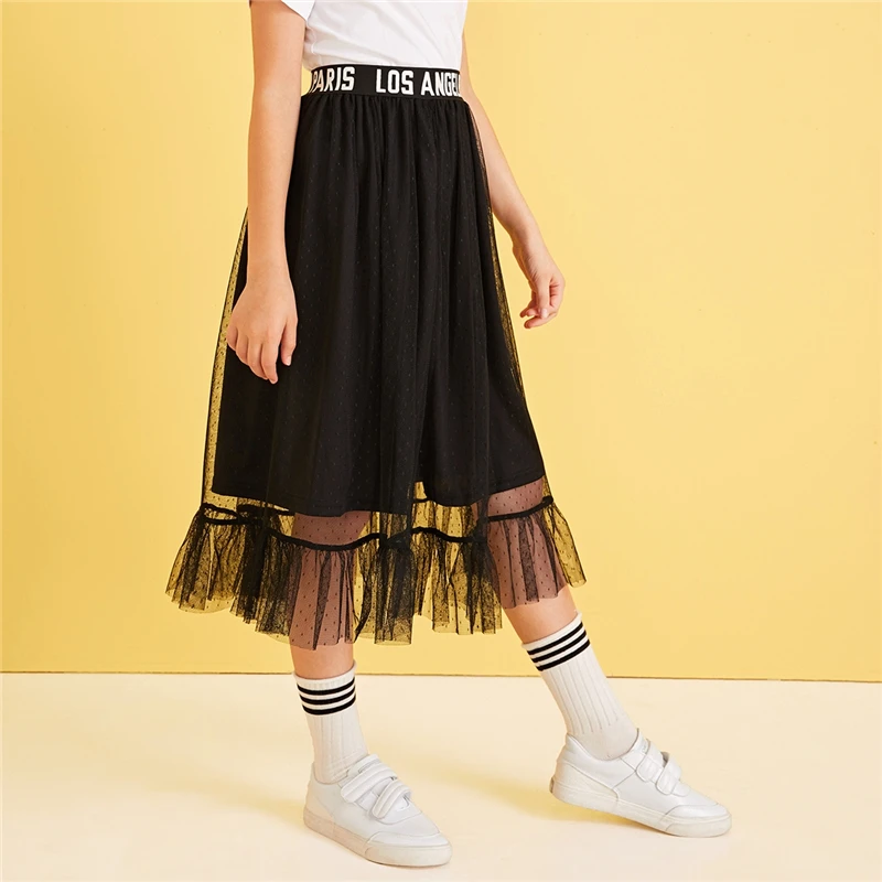 SHEIN Kiddie/черная многослойная юбка в сеточку с буквенным принтом для девочек г., летняя юбка с оборками с завышенной талией, подол А, длинные милые юбки