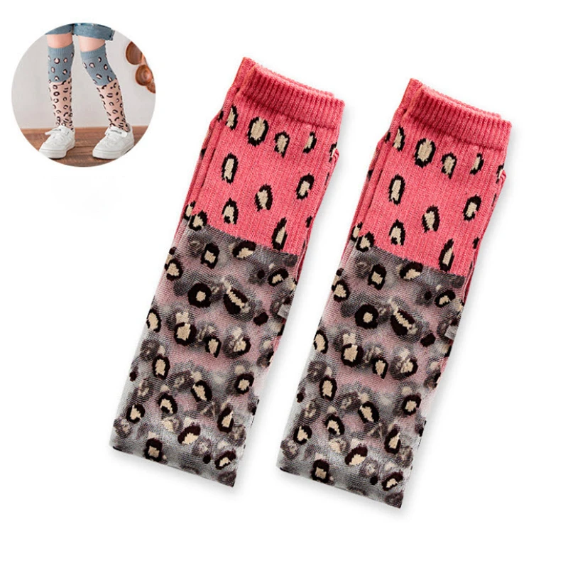 Kids Girls Lace Stockings Leopard Printed Stitching Knee Length Stockings Blue Pink Rose White Cotton Underwear GZ29