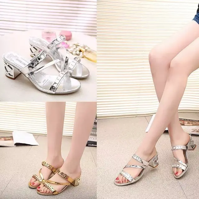 

2019 Summer New Style Korean-style Peep-Toe Sandals Man-made Diamond Gemstone Chunky-Heel Fish Mouth Elegant Sandals Women's