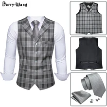 

Fashion Wedding Vest with Lapel Sleeveless Men Suit Vest Waistcoat Slim Fit Black Plaid Casual Business Male Jacket Barry.Wang