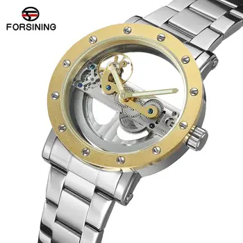 

Forsining Transparent Automatic Men Watch Golden Bridge Mechanical Black Stainless Steel Band Skeleton Watches Relogio Masculino