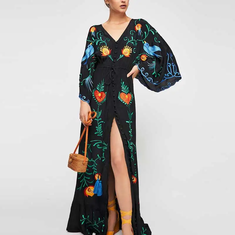 Женское платье макси с цветочной вышивкой V образным вырезом и рукавом летучая