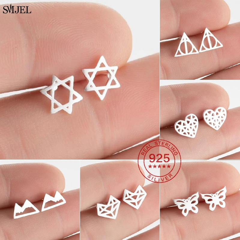 

Real 925 Sterling Silver Geometric David Star Stud Earrings for Women Girls Origami Heart Fox Snow Mountain Earrings S925 bijoux