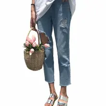 Женские джинсовые штаны в стиле пэчворк с высокой талией, женские свободные штаны для женщин, Прямые рваные джинсы с кисточками размера плюс