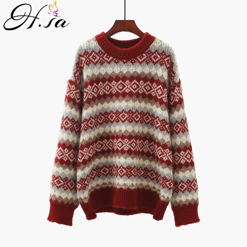 H.SA Chinese Style Vintage Women Argylce Sweater and Pullovers Winter Thick Warm WARM Knitted Pull Jumpers Korean Sweaters Tops | Женская