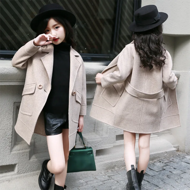 

Girls Seamless Woolen Cloth Trench Coat 2018 Autumn And Winter New Style Children Big Boy Double Breasted Mid-length Overcoat