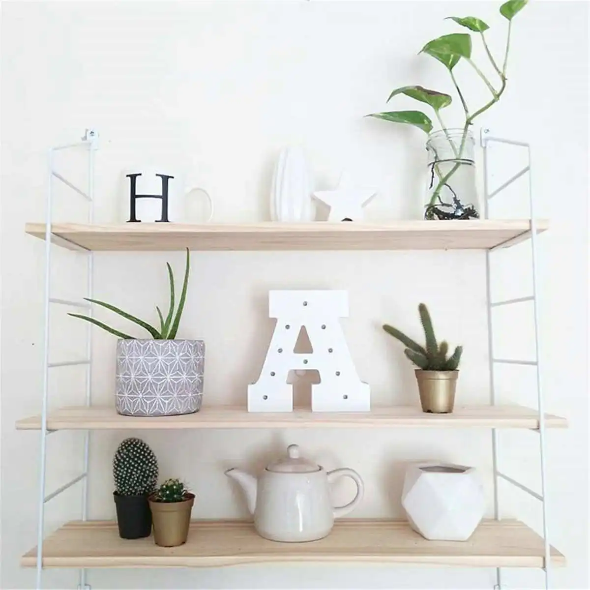 Nordic 3-Tier Wall Shelf Wall Mounted Iron Art Display Shelf Bookshelf Storage Rack Wall Decor Shelf Wooden Hanging Shelf afbeelding
