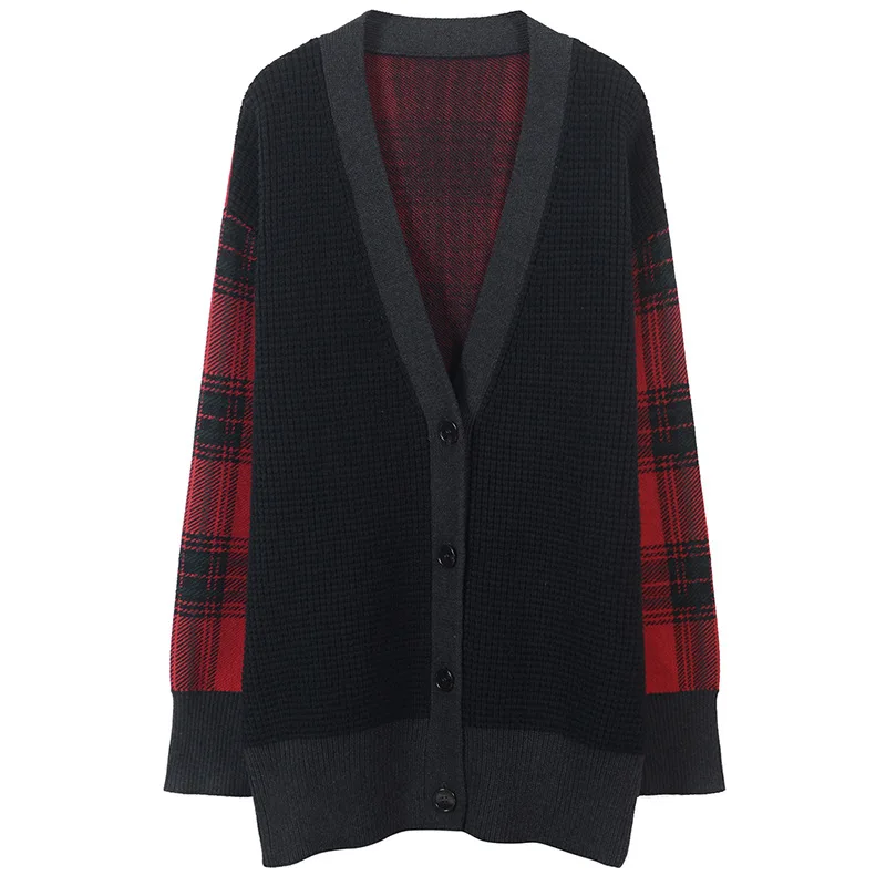 

Retro Plus Size Plaid Jacquard Cardigans Femme Winter Maxi Women Cardigans Knit Top Runway Design Outwear Striped Sweater Coat
