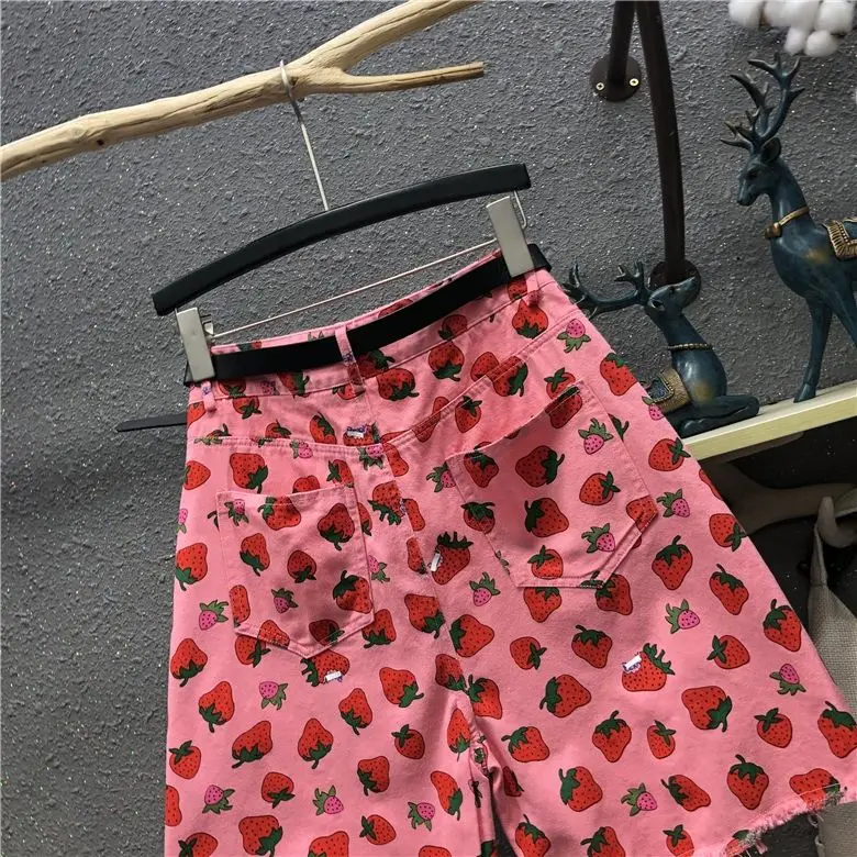 soffe shorts Pink Strawberry Print Knee Length Jeans Women 2021 New Summer Fashion All-match High Waist Loose Straight Shorts Wide Leg bike shorts