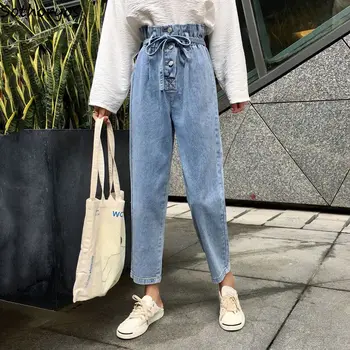 

Jeans Women Ladies Elegant High Waist Elastic Rosette Lace Up Ankle Length Button Soft Womens Jean Loose Korean Style Harajuku