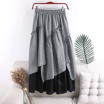 

Grid Irregular Patchwork Skirt Cotton Linen Summer Plaid Skirt Skater Women Fashion Female Red Black A-line Party Vintage Skirt