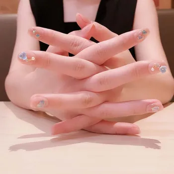 

24 PCS Ins short Full Cover Fake Nails Quality Light Pink Shiny Heart Rhinestone Decoration 3D Flower Bride fake nails with glue