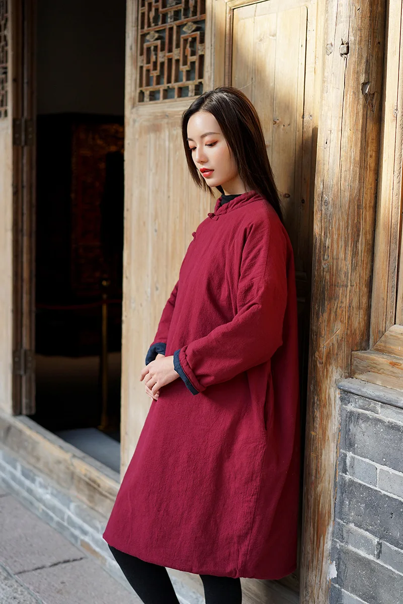 Женское платье в китайском стиле, плотное хлопковое льняное платье со стоячим длинным рукавом, теплое, зима, новое, свободное, одноцветное, женское платье