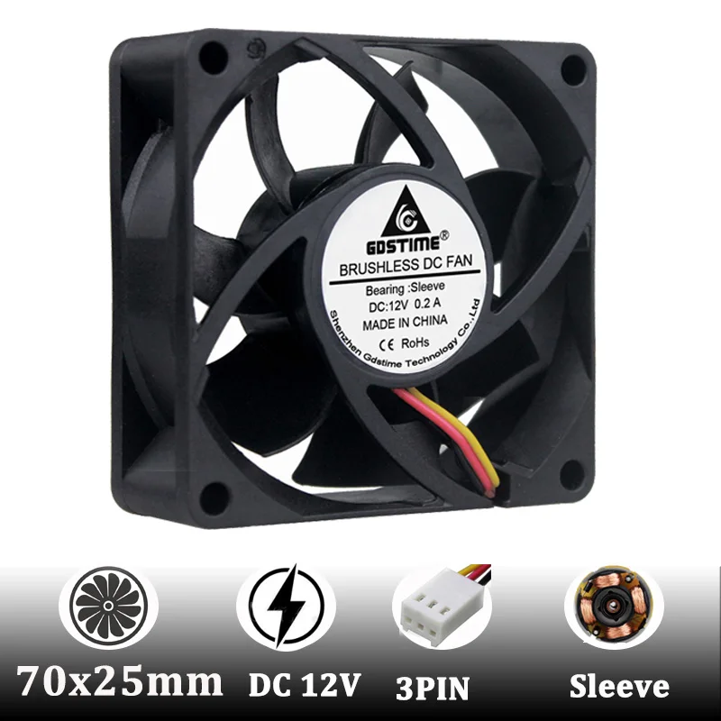 

Gdstime 2pcs 70mm 7cm 3inch Fan DC Brushless 12V 70x70x25mm 3pin with FG function CPU Cooler Cooliing Fan 702