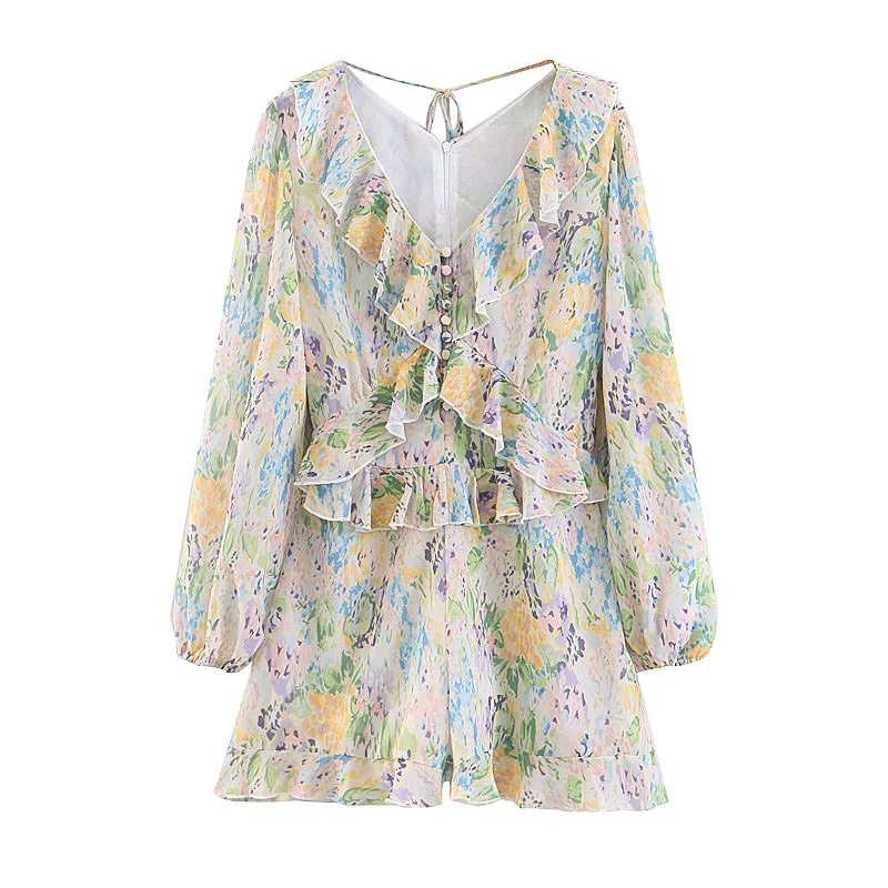 Women Floral Print Chiffon Playsuit Autumn Long Sleeve Deep V Neck Short Overalls Ruffles Casual Summer Beach Jumpsuit