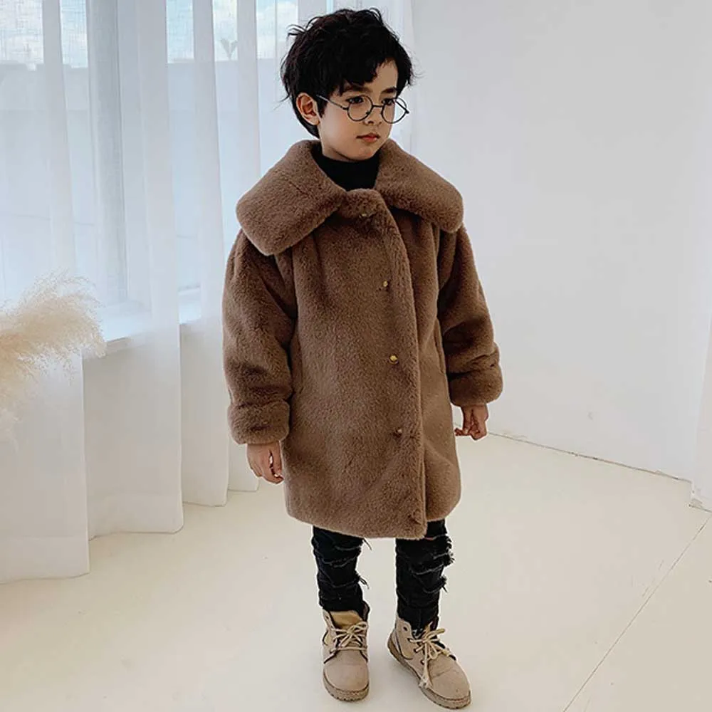 

ANSFX Stylish Kids Toddler Son Mother Faux Fur Furry Lapel Cute Winter Thick Keep Warm Coat Long Sleeve Long Jacket Outwear Top