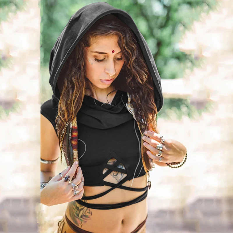 Women Hollow Out Vests Autumn Summer Bandage Crop Top Clothing Fashion Casual Loose Hooded Sleeveless Tank Top