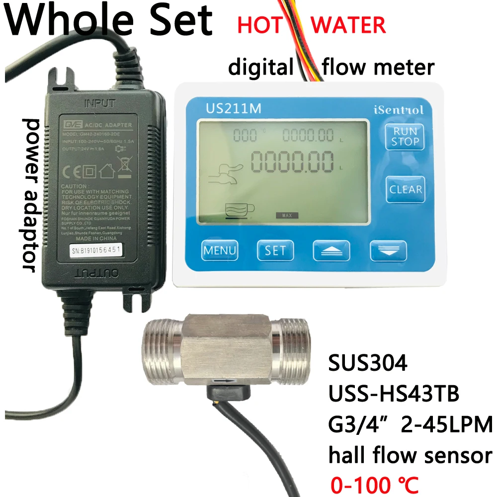 

HOT Water US211M Digital Flow Meter Totalizer with SUS304 Flow Sensor G3/4" USS-HS43TB Hall Flow Sensor 2-45LPM iSentrol