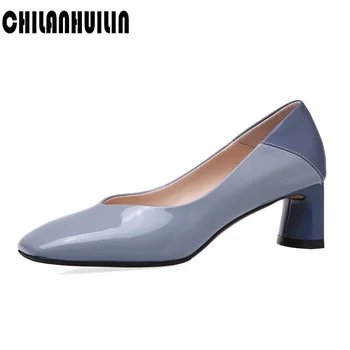 

blue apricot women pumps cozy square toe genuine leather high heels shoes women hot sale office work party shoes nude pumps