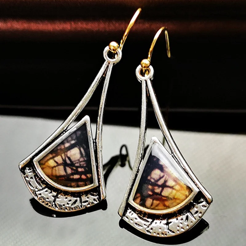 Picasso Abstract Texture Drop Earrings for Women Vintage Geometric Triangle Resin Stone Statement Earrings