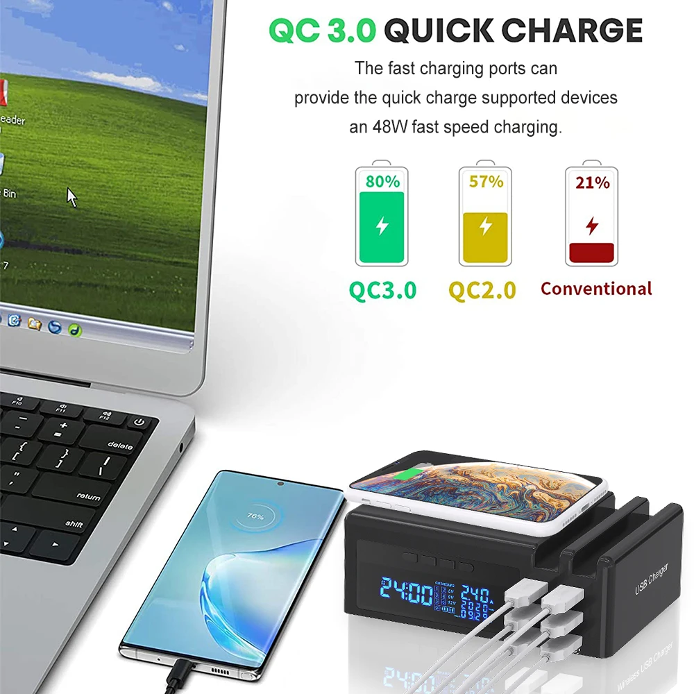 US $35.00 Wireless USB Charger Station With Clock For Iphone Android Mobile Phone Tablet 48W Quick Charge 30 LCD Display 6 USB Ports