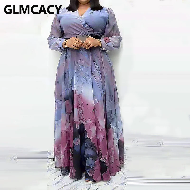 Plus Size Women Long Sleeve V Neck Maxi Dress Elegant Church Party