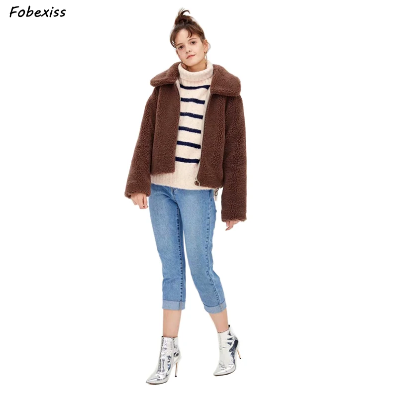 

Women Warm Coat Jacket Winter 2019 New Long Sleeve Zippers Up Pocket Faux Fur Lambswool Women Coat Kawaii Korean Style Outwear