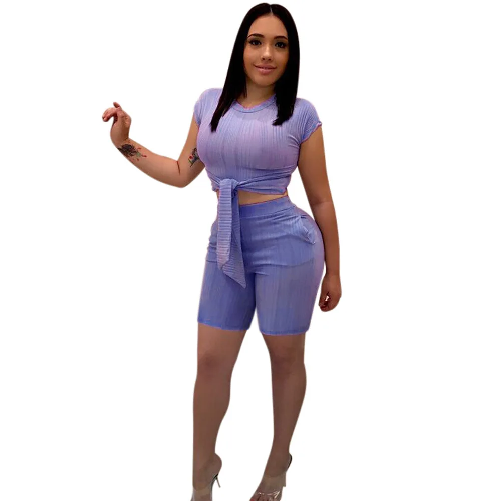 

Zoctuo Solid Plus Size Casual Two Piece Set Bandage T shirts and Pants Two Piece Short Set for Women O-Neck Two Piece Set Summer