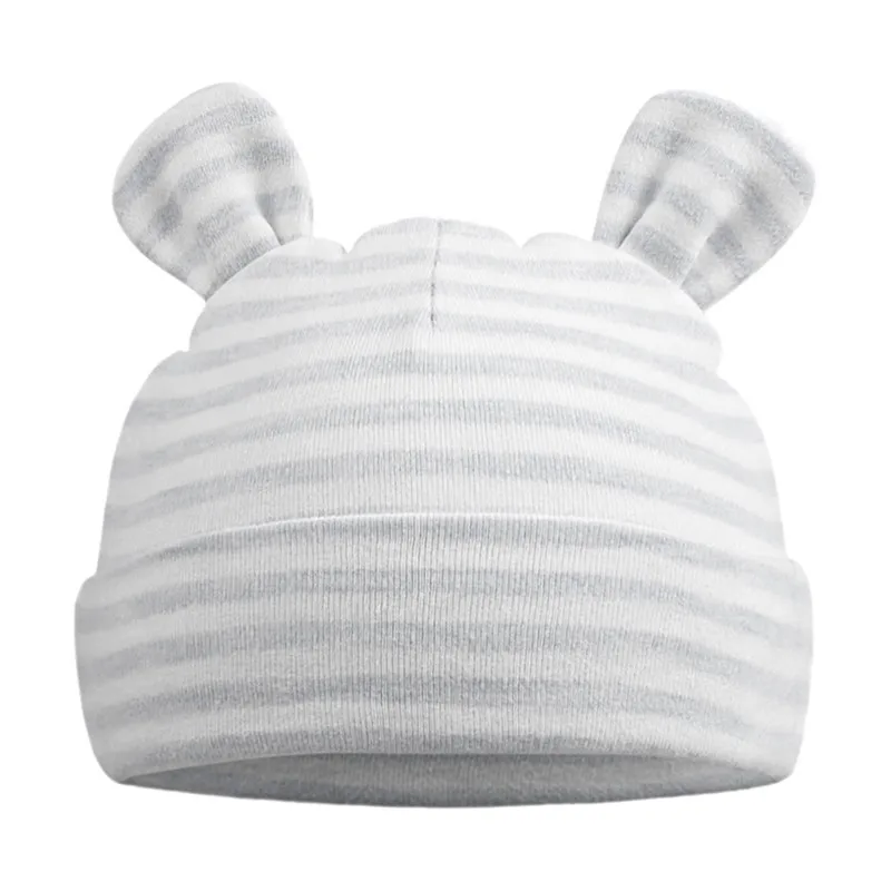 Gray Stripe Bear Хлопковая шапочка с бантиком для новорожденных, милая шапка для маленьких девочек, Весенняя мягкая детская шапочка для больницы, одноцветная шапка в полоску для маленьких мальчиков 0-6 месяцев - Цвет: Gray Stripe Bear