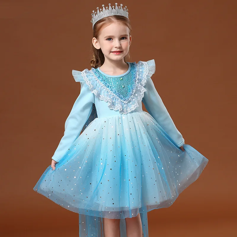 Girls Ruffles Dress Long Sleeve Fleece Winter Ice Blue Princess Sequins for Children Party Halloween Costume | Детская одежда и