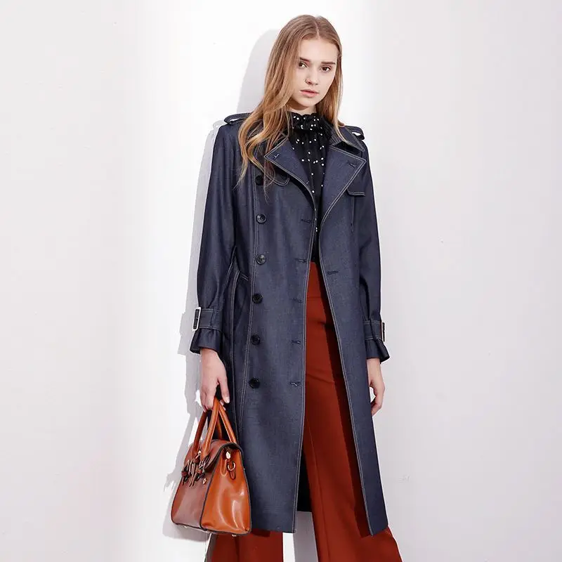 Fashion temperament British denim windbreaker female long autumn new arrival lapel adjustable waist trench female 3F19693