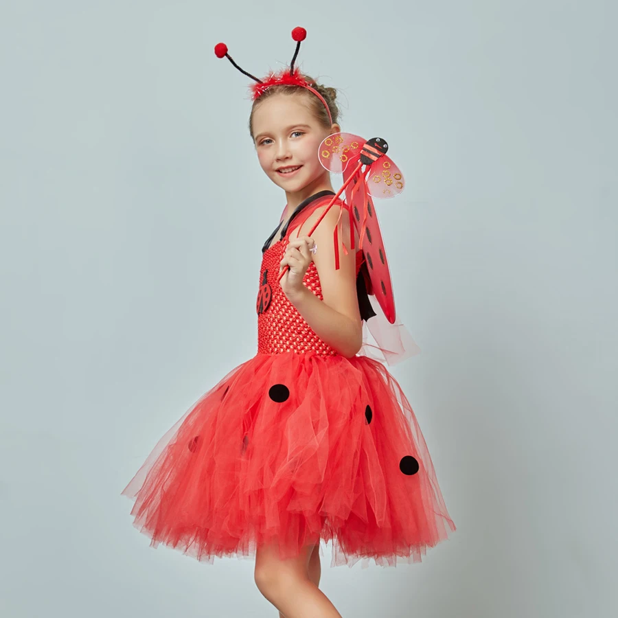 Girls Ladybug Tutu Dress Kids Ladybug Halloween Birthday Insect Animal Costume Girls Fancy Dress with Wings Antenna and Wand  (2)