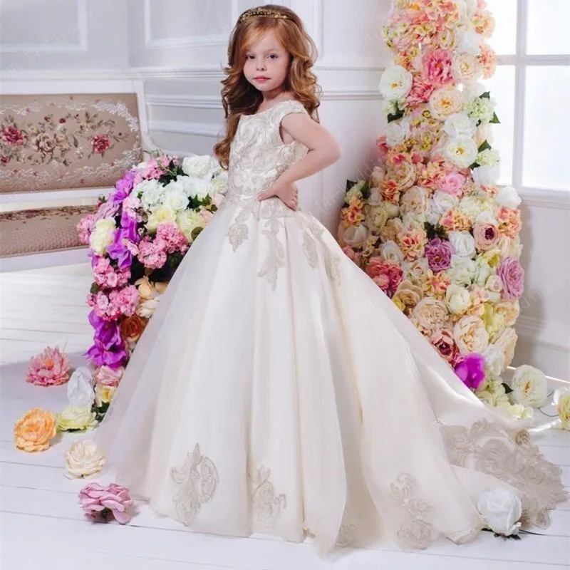 341Floral Lace Flower Girl Dresses Ball Gowns Child Pageant Dresses Long Train Beautiful Little Kids FlowerGirl Dress Formal Wear